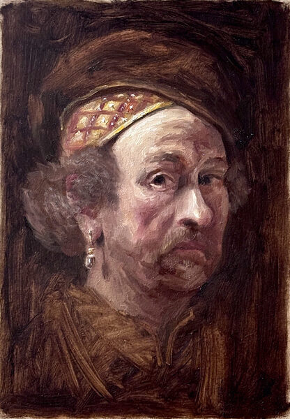 Study after Rembrandt by Tommy Gjertsen. 21 × 30 cm. Oil on panel. 2026