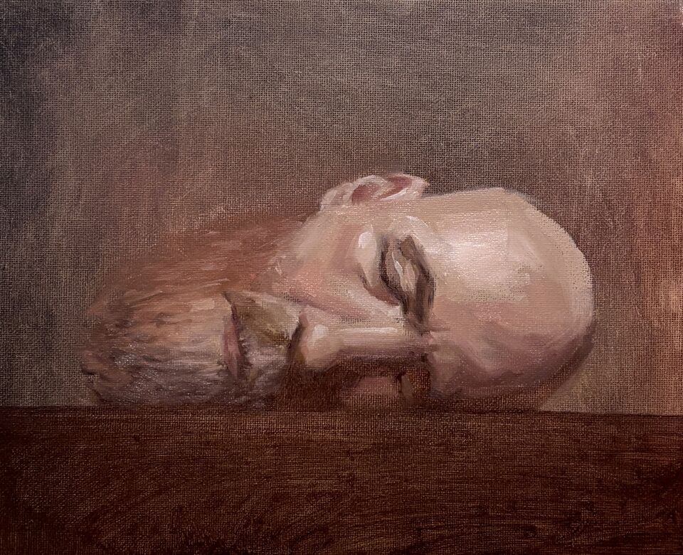 Self-portrait. 27 × 22 cm. Oil on panel. 2026