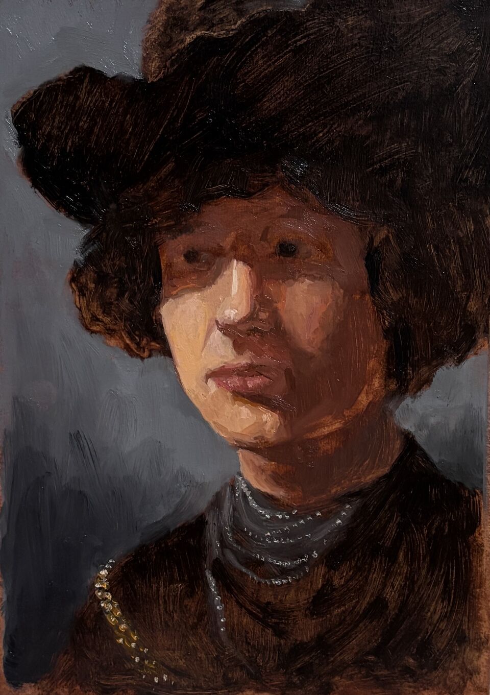 Study after Rembrandt. 21 × 30 cm. Oil on panel. 2026